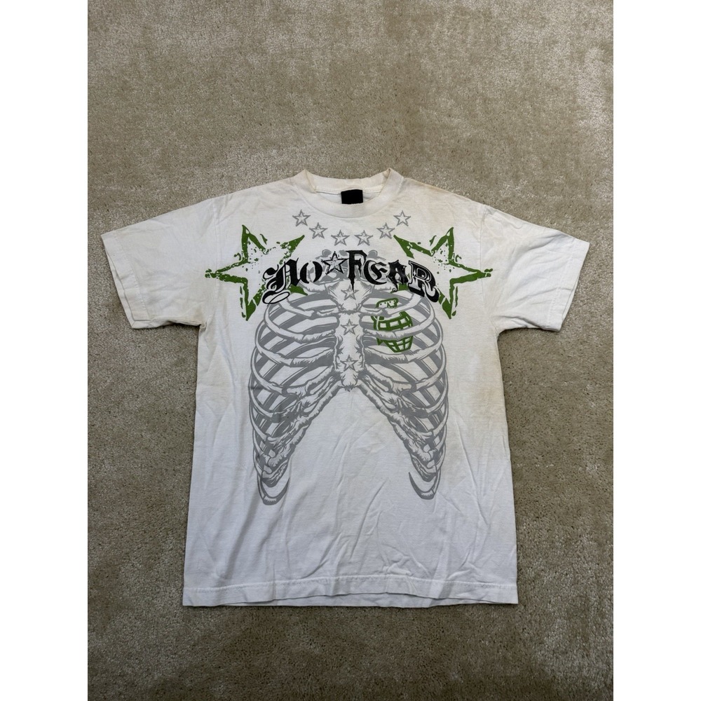Vintage No Fear Tee Shirt Mens Medium White Bones Graphic Y2K Grunge Distressed